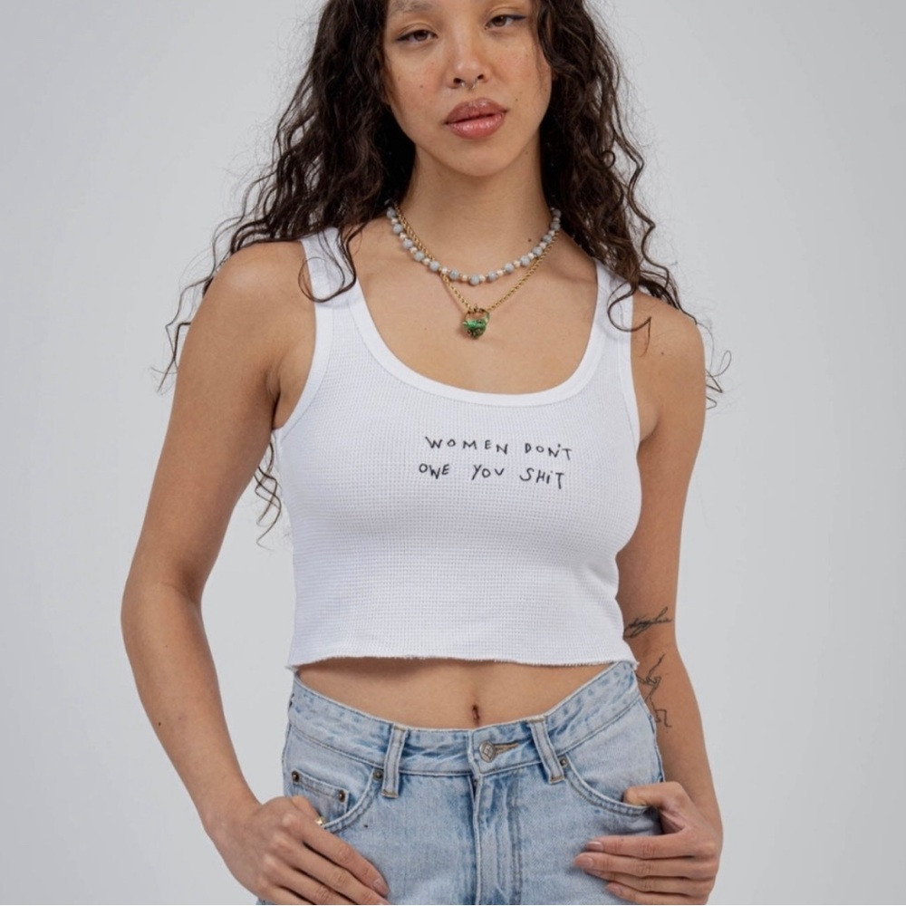 CHNGE White Waffle Crop Women Don’t Owe You Shit Tank. Size XS. NWOT